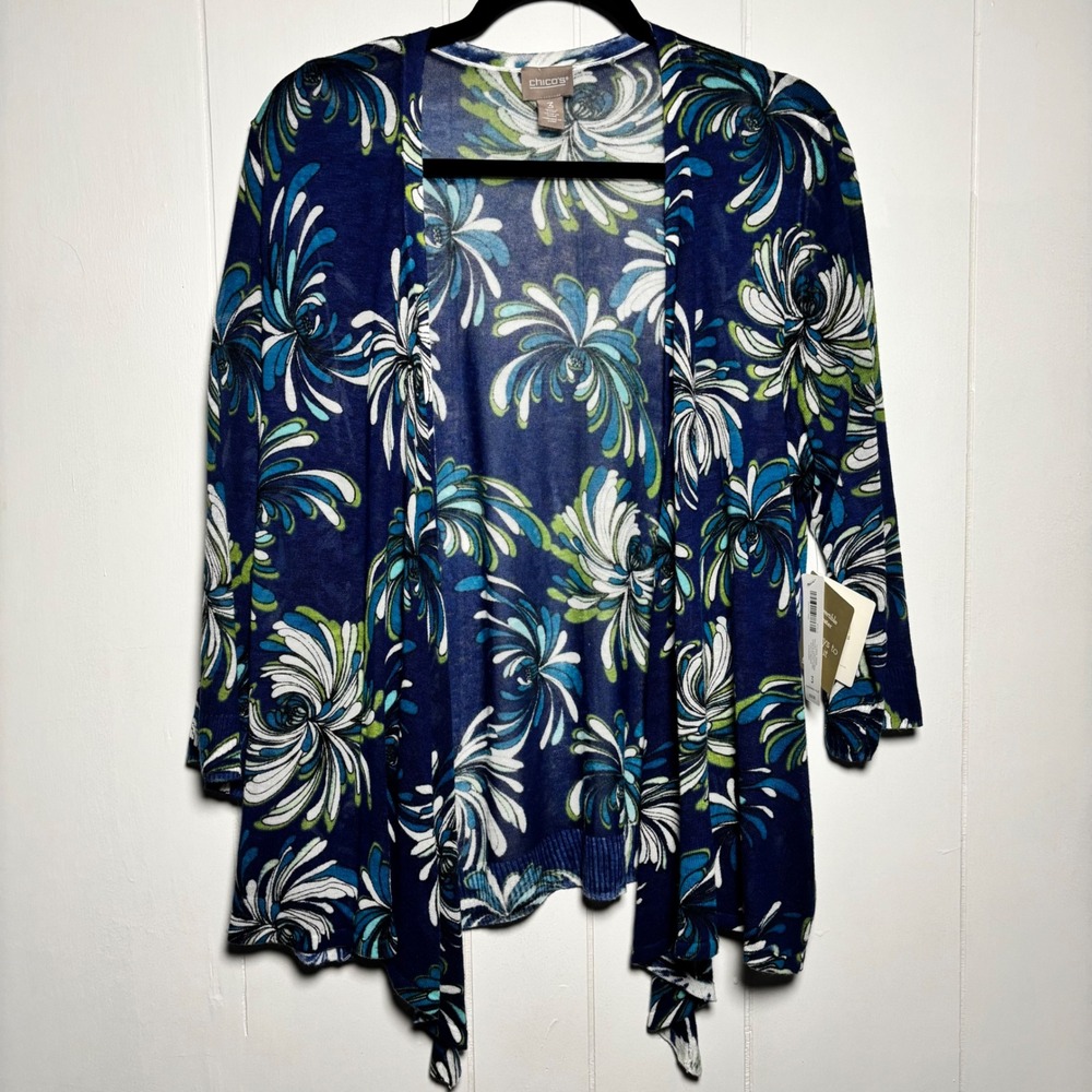 Chico's Yelena Convertible Cardigan Kyoto Indigo Floral Swirl Size 3 XL 16